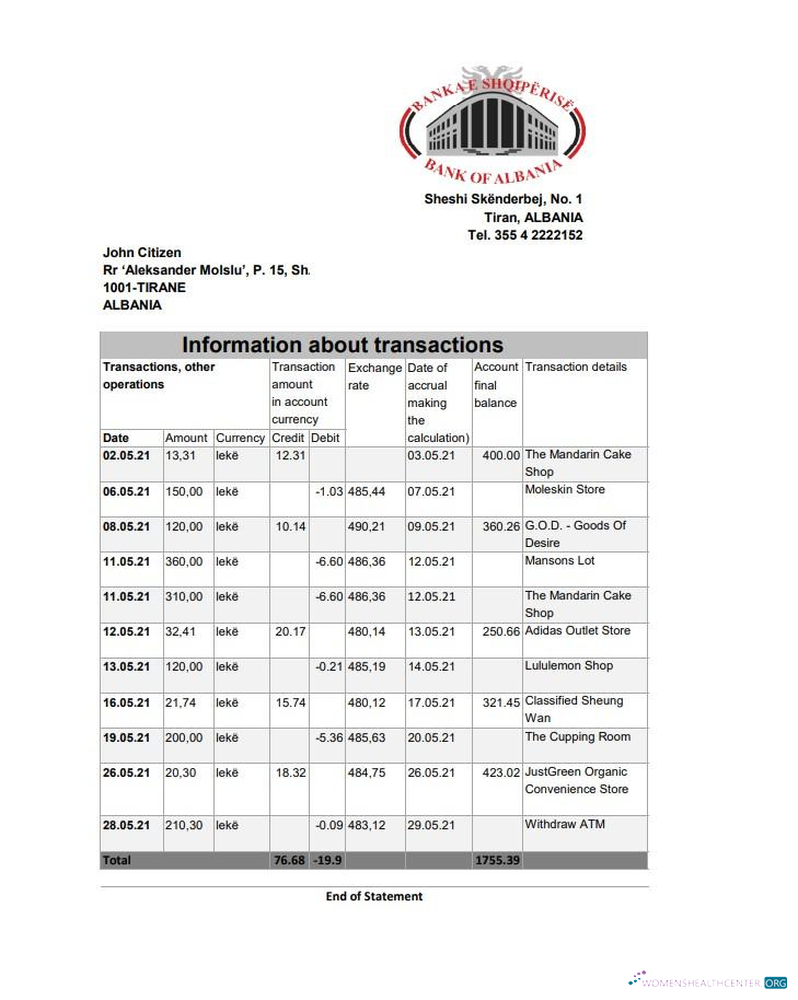 Download Albania Bank of Albania bank statement excel Photoshop template